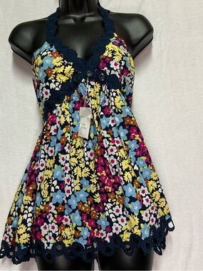 NWT Moda International Cotton Floral Halter Top Boho Babydoll Crochet Trim SOLD